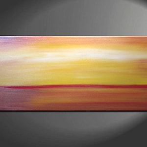 May include: Abstract painting with horizontal brushstrokes in shades of yellow, orange, red, and white. The painting has a minimalist style and evokes a sense of calm and serenity.