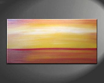 Large Abstract Seascape Sunset Yellow Orange Painting Calming Happy Seas 48x24 Custom Huge Artwork