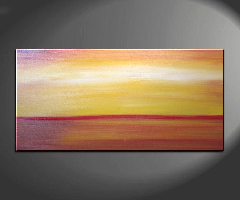 May include: Abstract painting with horizontal brushstrokes in shades of yellow, orange, red, and white. The painting has a minimalist style and evokes a sense of calm and serenity.
