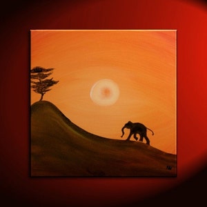 May include: A painting of a sunset with an elephant walking on a hill. The sky is orange and the sun is a white circle. There is a small tree on the hill.