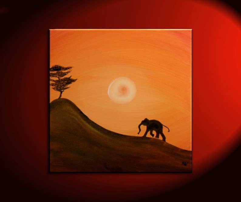 May include: A painting of a sunset with an elephant walking on a hill. The sky is orange and the sun is a white circle. There is a small tree on the hill.