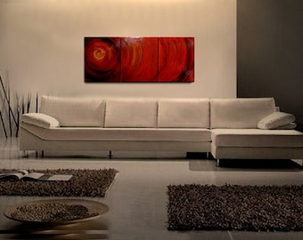 Original Modern Abstract Art Red Textured Painting Crimson Burgundy Impasto Art Triptych Painting 48x20 Ships Fast