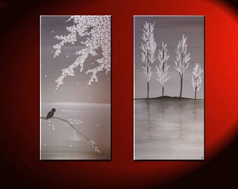 Accent Paintings Gray Seascape with Cherry blossoms and Bird and Aspen tree Island Two Pieces Wall Art Home decor Custom 30x30