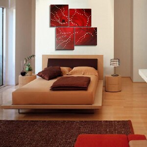 Original Painting Love Bird Wall Art Burgundy Maroon Red Cherry Blossoms Unique Multiple Canvases Asymmetric Custom Personalized 47x41 image 5