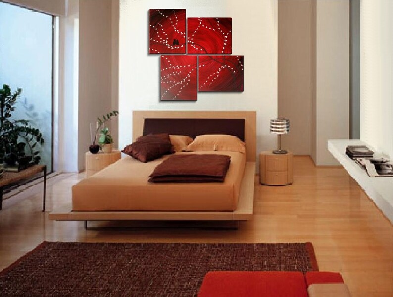 Original Painting Love Bird Wall Art Burgundy Maroon Red Cherry Blossoms Unique Multiple Canvases Asymmetric Custom Personalized 47x41 image 5