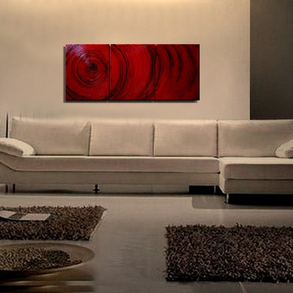 Modern Abstract Art Red Textured Painting Crimson Burgundy Original Impasto Art Triptych Painting 48x20