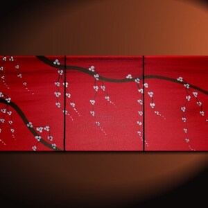 Red Japanese Cherry Blossom Painting Simple Strong Art CUSTOM Original Bold Triptych on Stretched Canvas 48x20 image 1