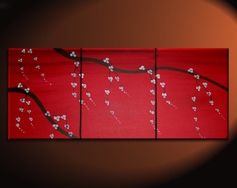 Red Japanese Cherry Blossom Painting Simple Strong Art CUSTOM Original Bold Triptych on Stretched Canvas 48x20