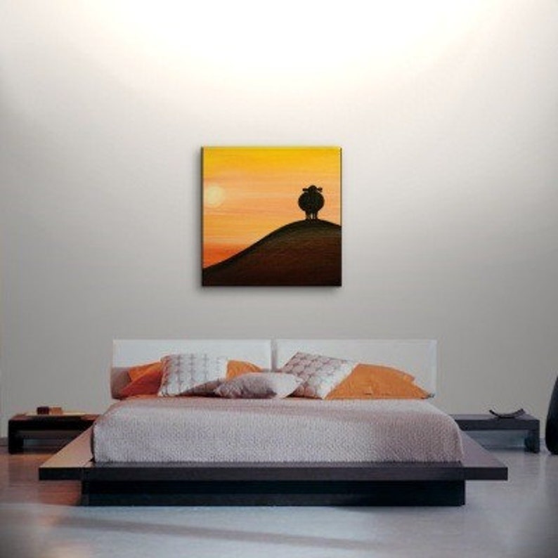 Sheep Silhouette Painting Sunset Calming Happy Lamb Art Original Orange Yellow Black Funny Whimsical Sheep art Sheep Painting Custom 30x30 image 4