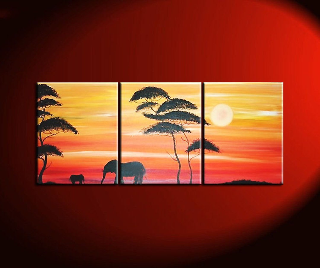 Abstract zonsondergang schilderen olifant kwekerij kunst acacia bomen rood  oranje moeder en kind drieluik originele silhouet Wall Art Custom 48x20 -  Etsy België, image size:1080x903
