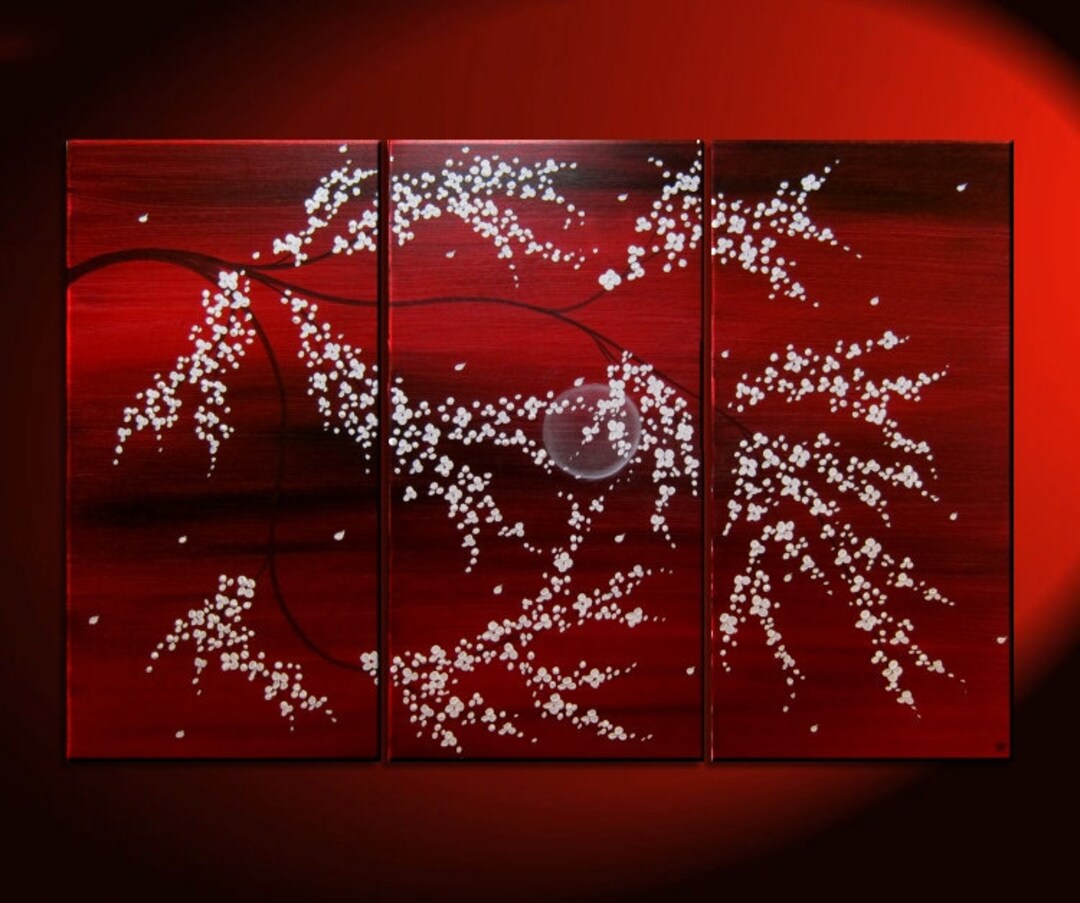 Wall Art Rich Red Triptych Tree Blossom Painting Crimson Burgundy and ...