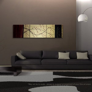 Large Cherry Blossom Wheat and Bamboo Asian Triptych Painting CUSTOM Red, Gold and Black Original Abstract Zen Fine Art 60x16 image 1