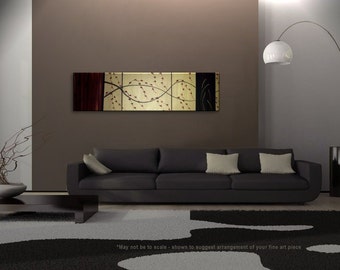 Large Cherry Blossom Wheat and Bamboo Asian Triptych Painting CUSTOM Red, Gold and Black Original Abstract Zen Fine Art 60x16