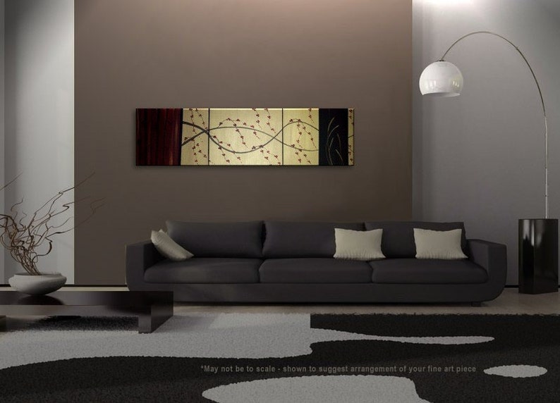 Large Cherry Blossom Wheat and Bamboo Asian Triptych Painting CUSTOM Red, Gold and Black Original Abstract Zen Fine Art 60x16 image 1