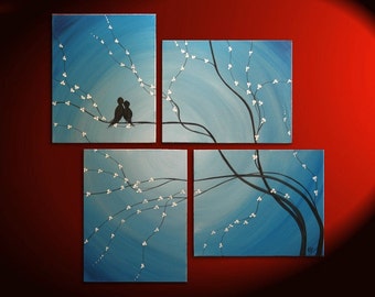 Original Painting Love Bird Modern Abstract Wall Art Blue Cherry Tree Branch Blossoms Multiple Canvases Large Custom Personalized 47x41