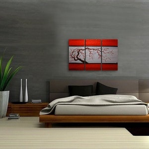 Red Floral Painting Grey Original Tree Branch Acrylic Wall Art Plum Blossom Painting Chinese Zen Style Triptych Art on Three Canvases 45x30 image 3