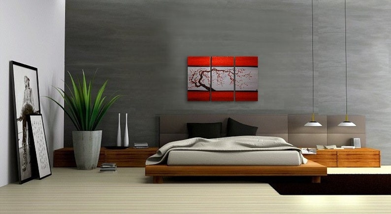 Red Floral Painting Grey Original Tree Branch Acrylic Wall Art Plum Blossom Painting Chinese Zen Style Triptych Art on Three Canvases 45x30 image 3