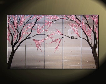 Love Birds Painting Large Seascape White and Black Art Silver Chinese Zen Style Original Pink Blossoms 40x24 Five Canvases Custom