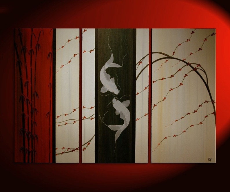 Large Koi Fish Painting Deep Rich Red Cream and Black Chinese Zen Style Original Art Bamboo Cherry Blossoms Custom 45x30 image 1