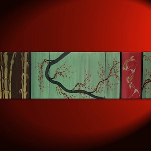 May include: A multi-panel painting with a green background featuring a black tree branch with red blossoms. The left panel shows a brown and gold bamboo forest. The right panel shows a red background with gold fish swimming upwards.