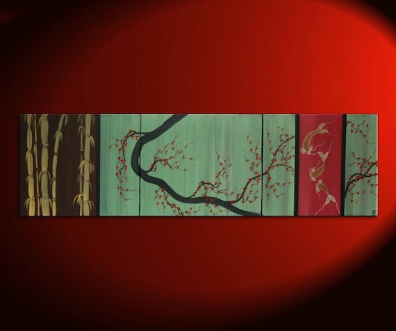 Large CUSTOM Chocolate Brown Green and Gold Cherry Blossom Koi Fish and Bamboo Painting Original Abstract Asian Zen Art 60x16