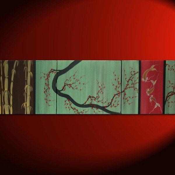 Gran PERSONALIZADO Chocolate Marrón Verde y Oro Flor de Cerezo Koi Pescado y Bambú Pintura Original Abstracto Asiático Arte Zen 60x16