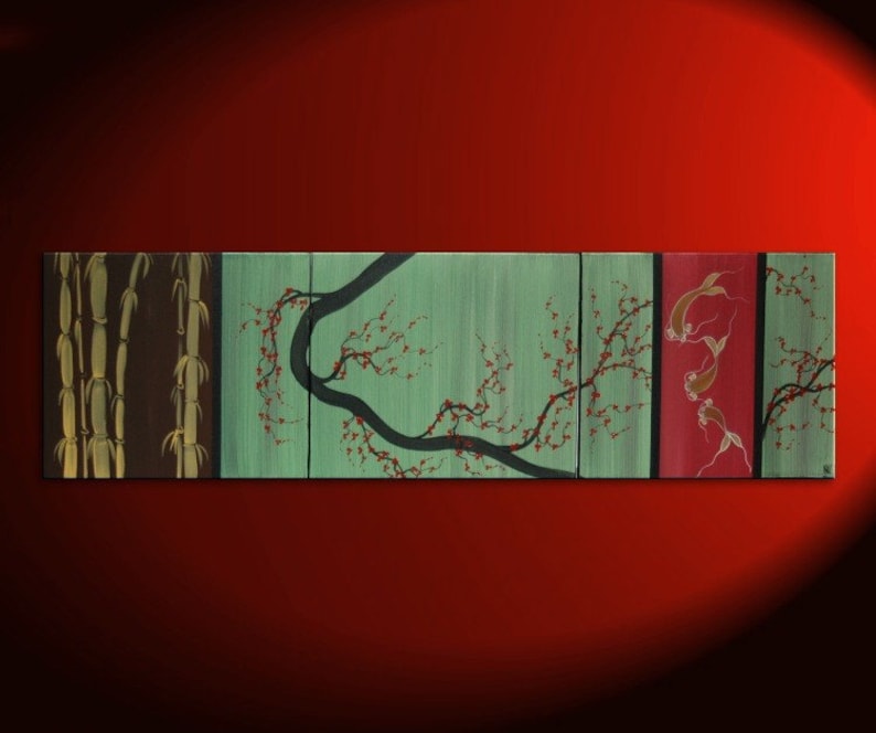 May include: A multi-panel painting with a green background featuring a black tree branch with red blossoms. The left panel shows a brown and gold bamboo forest. The right panel shows a red background with gold fish swimming upwards.