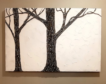 Monochrome Brown and White Textured 3D Three Dimensional Sculpted Original Tree Painting Contemporary Art 36x23.5