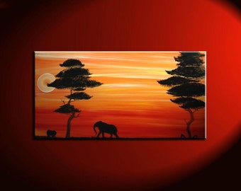 Elephant and Gazelle Painting Sunset Orange Yellow Red Warm Zen Colors Sun Acacia Trees Landscape Custom 30x15