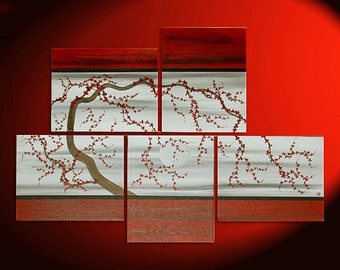 Original Plum Blossom Painting HUGE Custom Gnarly Tree Art Asian Style Modern Abstract Red and Gray Textured Large Five Canvases 56x40