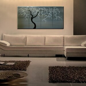 Black and White Tree Painting Spring Plum Blossom Art Soft Earthy Neutrals Original Modern Abstract Asian Style Art 60x30 Ships Quickly image 3