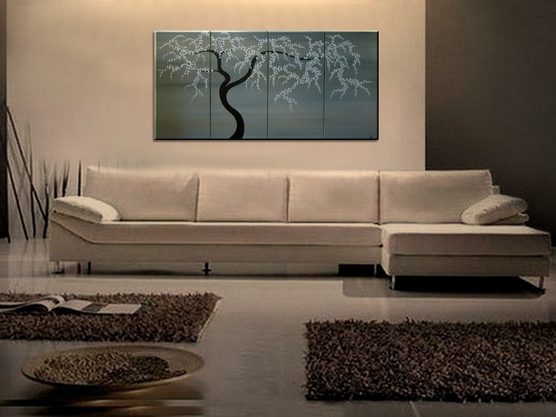 Black and White Tree Painting Spring Plum Blossom Art Soft Earthy Neutrals Original Modern Abstract Asian Style Art 60x30 Ships Quickly image 3