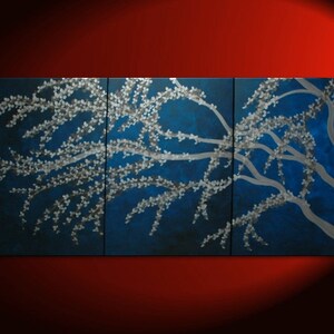 Oversized Artwork Midnight Blue and Silver Cherry Blossom Painting Zen Asian Art Peaceful Calming Flowers HUGE Custom 72x36