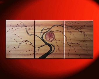 Albero dipinto Custom grande oro Tan Brown con Borgogna Cherry Blossoms Triptych ramo arte 48x20