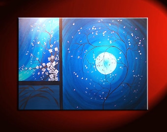 Cherry Blossom Grasses Luna y Plum Blossom Pintura Original Arte Azul Pared Arte Home Decoración Personalizada 36x24