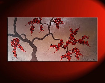 Large Cherry Blossom Tree Painting Original Wall Art Modern Abstract Art Red Blossoms Browns by Nathalie Van 48x24