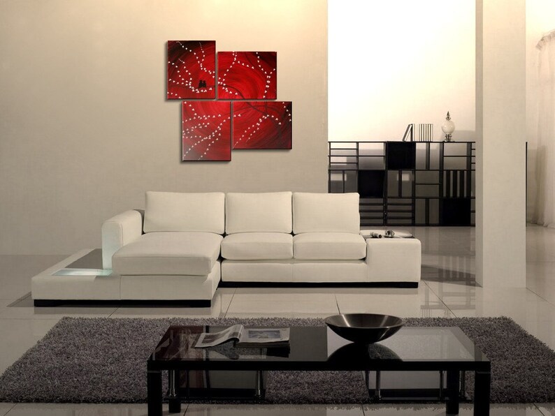 Original Painting Love Bird Wall Art Burgundy Maroon Red Cherry Blossoms Unique Multiple Canvases Asymmetric Custom Personalized 47x41 image 4
