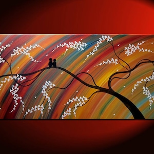 Love Bird Painting Colorful Rainbow Large Original Art Cherry Blossom Tree Custom 48x24