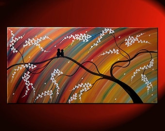 Love Bird Painting Colorful Rainbow Large Original Art Cherry Blossom Tree Custom 48x24