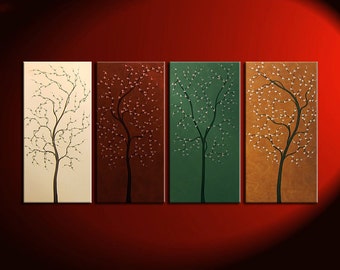 Four Seasons Tree Painting Acrylic Wall Art Original Artwork Home Decor 60x30 Custom Brown Green Beige