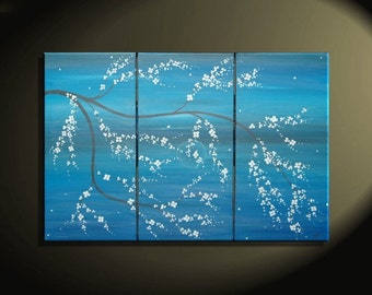 Acrilico originale pittura blu moderna arte Cherry Blossom cinese stile Zen originale arte Custom trittico pittura più tele 45x30