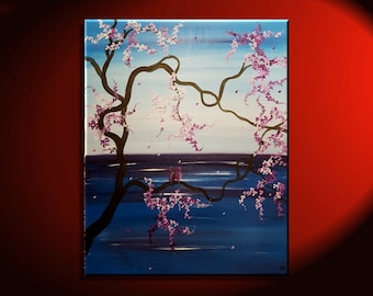 Cherry Blossom Seascape with Love Birds Blue and Purple Original Painting Beautiful Art 32x26