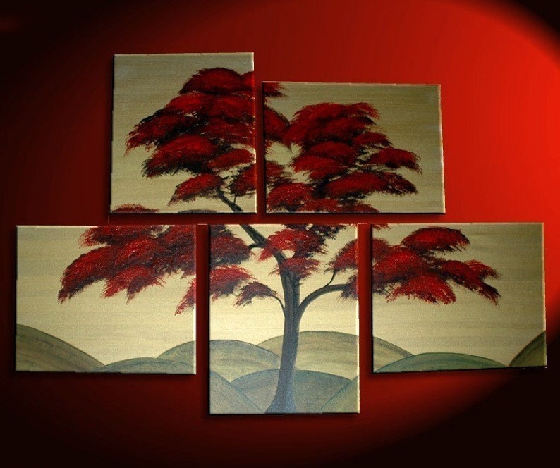 Large Tree Painting Red Gold Huge Art Custom Modern Abstract Original Peaceful 56x40 Hills Asian Chinese Japanese image 1