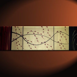 Large Cherry Blossom Wheat and Bamboo Asian Triptych Painting CUSTOM Red, Gold and Black Original Abstract Zen Fine Art 60x16 image 2