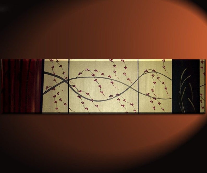 Large Cherry Blossom Wheat and Bamboo Asian Triptych Painting CUSTOM Red, Gold and Black Original Abstract Zen Fine Art 60x16 image 2