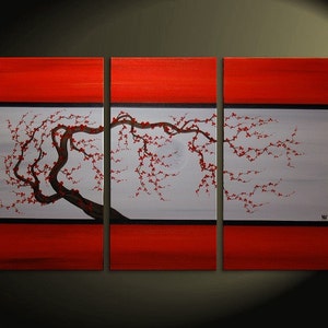 Red Floral Painting Grey Original Tree Branch Acrylic Wall Art Plum Blossom Painting Chinese Zen Style Triptych Art on Three Canvases 45x30 image 1