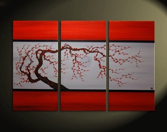 Red Floral Painting Grey Original Tree Branch Acrylic Wall Art Plum Blossom Painting Chinese Zen Style Triptych Art on Three Canvases 45x30