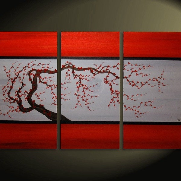Rojo Floral Pintura Gris original árbol rama acrílico pared arte Flor de la flor pintura chino Zen estilo tríptico arte en tres lienzos 45x30