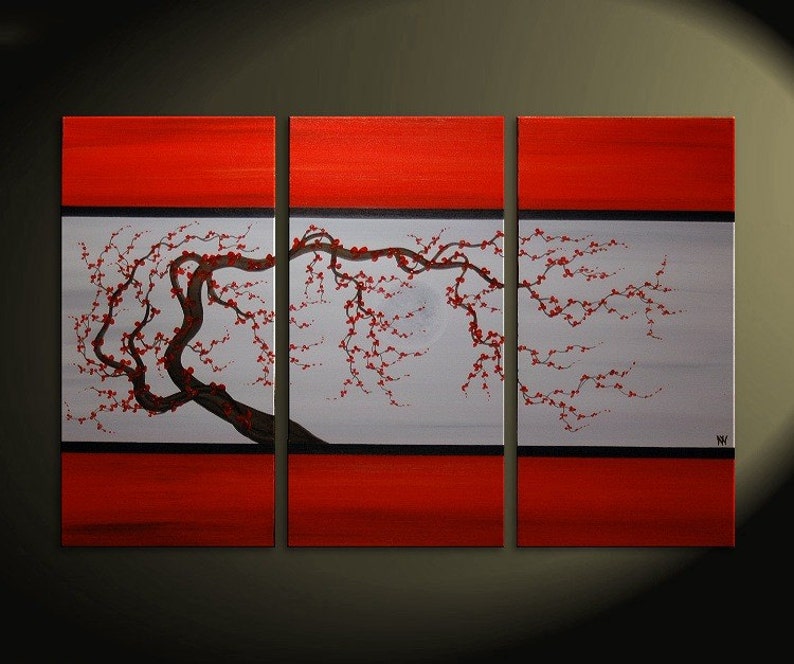 Red Floral Painting Grey Original Tree Branch Acrylic Wall Art Plum Blossom Painting Chinese Zen Style Triptych Art on Three Canvases 45x30 image 1