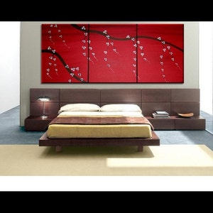 Red Japanese Cherry Blossom Painting Simple Strong Art CUSTOM Original Bold Triptych on Stretched Canvas 48x20 image 3